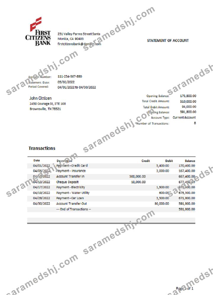 USA Texas First Citizens bank statement Word and PDF template.1